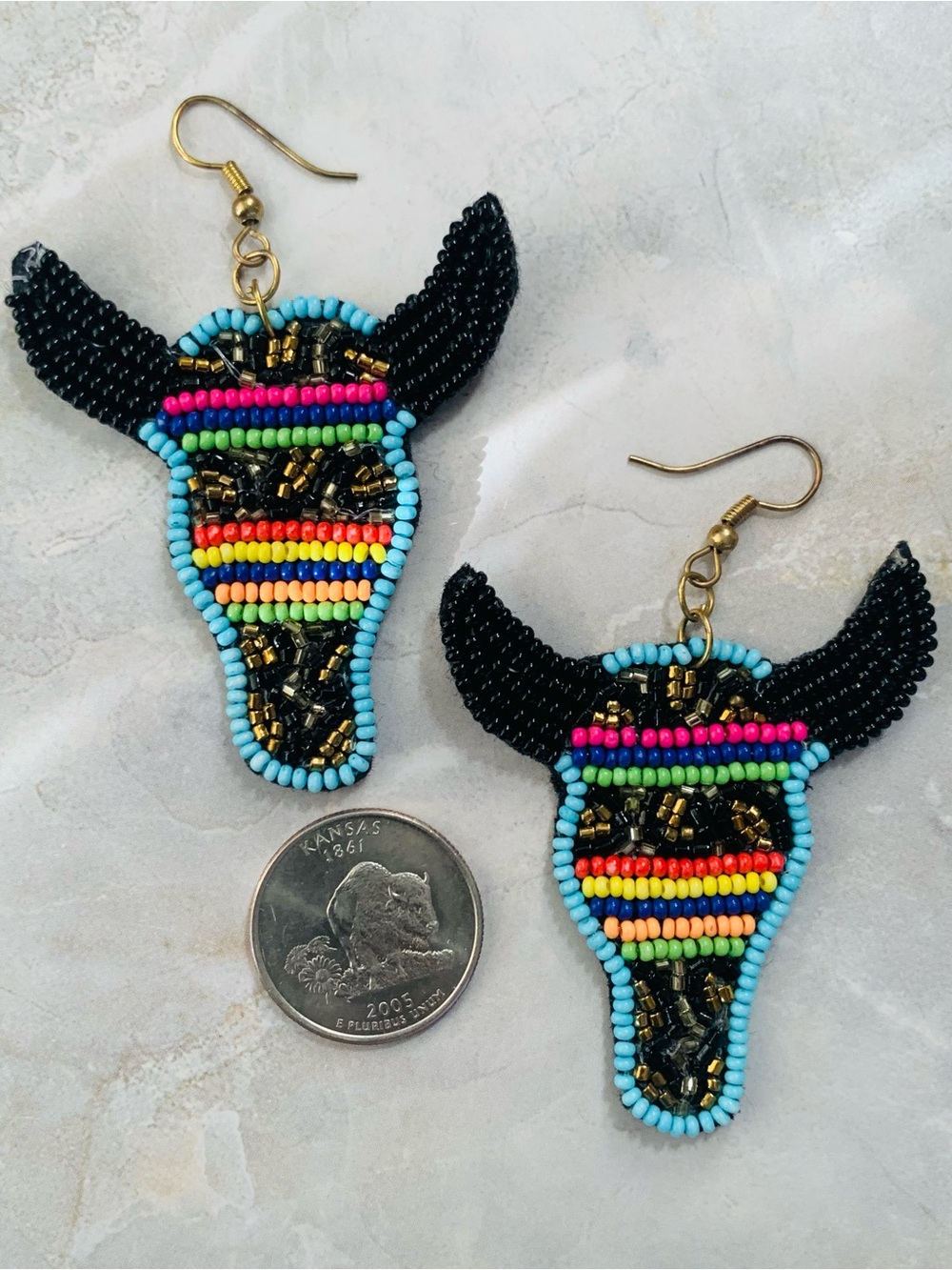 Beaded Bull Skull Dangle Earrings - Black & Multicolor - Picture 4 of 5